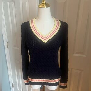 NWT Talbots Navy V-Neck Sweater with Cream and Pink Stripes